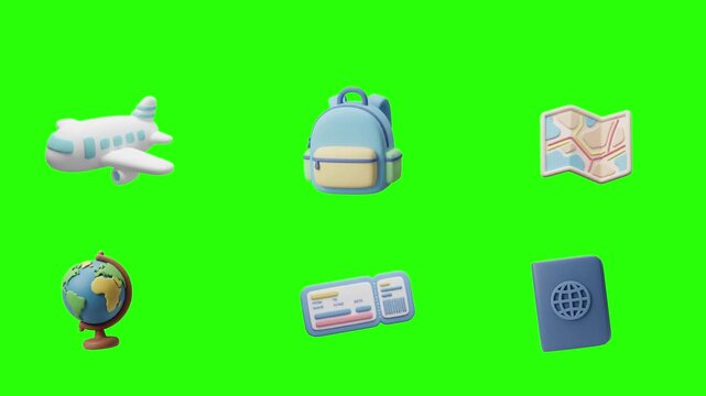 3D claymation travel icons featuring passport, boarding pass, map, airplane, travel backpack, and globe with soft rounded shapes and clean white background.