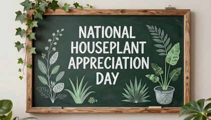 Rustic National Houseplant Appreciation Day chalkboard sign surrounded by thriving greenery. 4K, HD