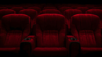 a dimly lit cinema theater showcasing rows of plush, red velvet seats