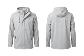 Blank Light Grey Men's Rain Jacket Mockup Front and Back View, Plain Waterproof Anorak with Hood and Zipper Template isolated on transparent background