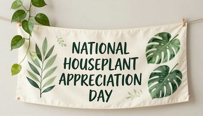 Cozy National Houseplant Appreciation Day sign painted on a decorative cushion with leafy motifs. 4K, HD