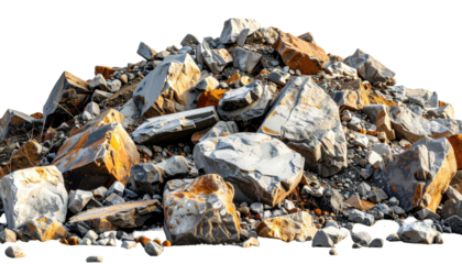 A jagged pile of fractured stone, varying in shades of gray, white, and rust, is displayed against a blank backdrop
