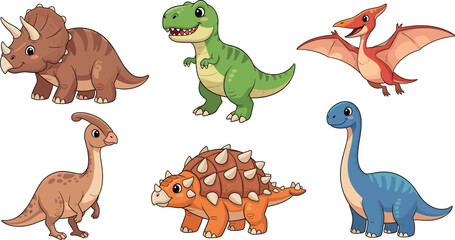 Cute Cartoon Vector Set of Six Different Dinosaurs: T-Rex, Triceratops, Brontosaurus, and Pterodactyl © MDSelim