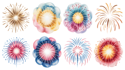 Vibrant colorful fireworks explode in various patterns on white background