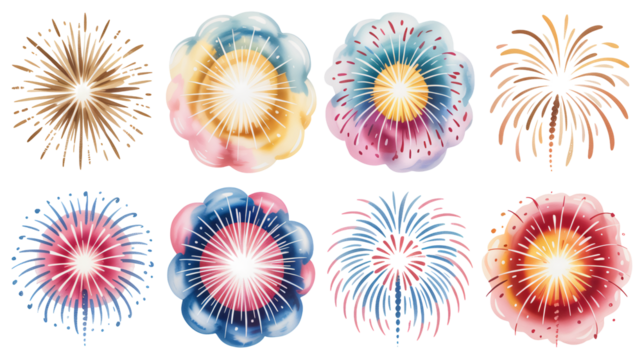 Vibrant colorful fireworks explode in various patterns on white background - Powered by Adobe