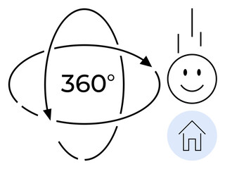 360-degree concept. Bold 360 symbol with motion arrows and rotation lines full-circle ideas. happy face and home icon enhance creativity and versatility. Useful for technology, design, navigation