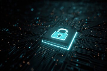 Digital Security Concept with Glowing Padlock Circuitry and Dark Background