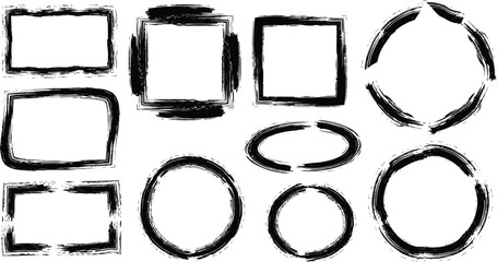 Set of vector paint brush stroke, ink splash and grungy decoration elements. Freehand grunge brush illustration. Black watercolor splatter, texture, frame and abstract background for social media.