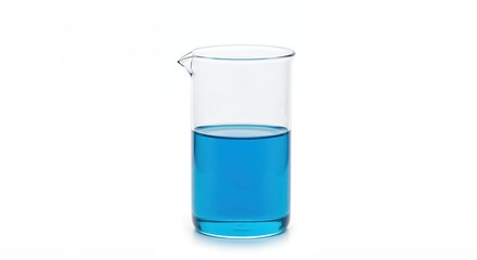 Chemical Reaction in Glassware: A tall beaker elegantly displays a vibrant blue liquid, a testament to the wonders of scientific experiments and the beauty of chemistry.