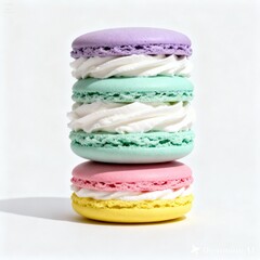 A macaron cake in various colors with milk cream decoration in the middle of the cake