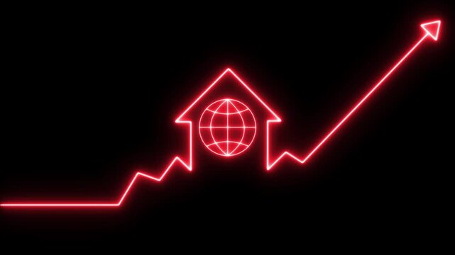 Home icon house sign neon lights animation with up arrow earth globe icon. Neon House, home building animation. Neon home business graph icon animation. Globe symbol icon animation World web icon.