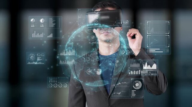 A young professional interacts with virtual reality technology in a futuristic office, surrounded by digital data visualizations and analytics for an immersive experience. Raster