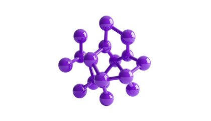 A 3D rendered abstract visualization of a complex, interconnected molecular structure, showcasing glossy purple spheres and connecting rods