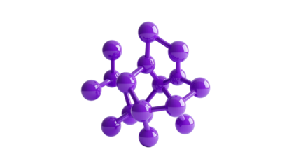 A 3D rendered abstract visualization of a complex, interconnected molecular structure, showcasing glossy purple spheres and connecting rods