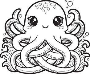 Obraz premium Adorable kawaii octopus illustration with big eyes and wavy tentacles surrounded by bubbles and ocean waves, Generative Ai