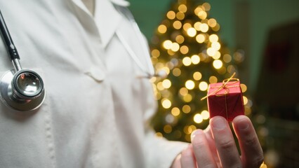 Health and Merry Christmas from a Male Doctor in Hospital Against Tree