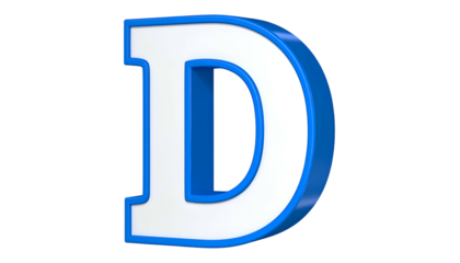 A 3D rendered capital letter D, featuring a glossy white interior and blue outline, set against a black background