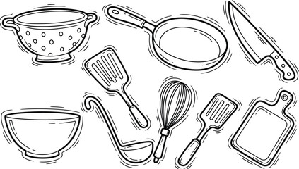 Monochrome seamless pattern of hand-drawn kitchen utensils and cookware. A vector illustration background with cooking tools, pots, pans, and whisks for culinary