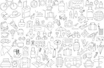 Travel Related Doodle vector set. Drawing sketch illustration hand drawn line eps10