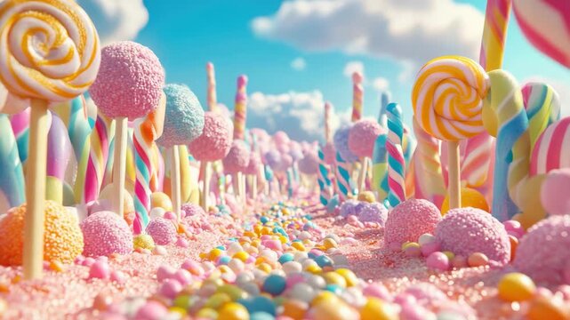 A candy land with many different colored lollipops. There are many different colors of lollipops, including pink, yellow, and green