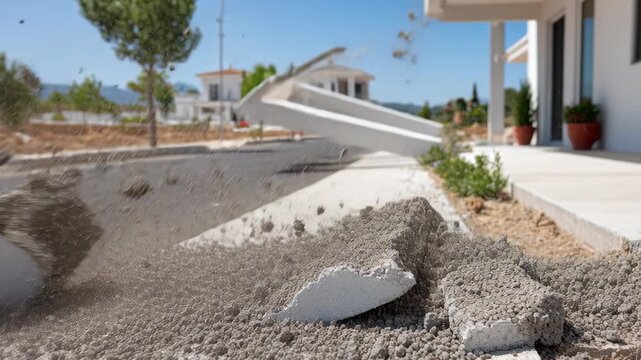Structural column violently crumbles and explodes due to simulated earthquake or massive damage, sunny street backdrop.