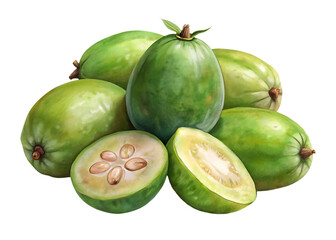 Feijoa fruits pile with cut halves, revealing juicy pulp and seeds