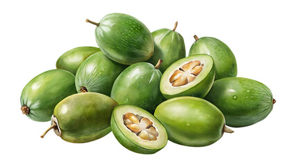 Fresh ripe feijoa fruits, whole and halved, vibrant green, healthy