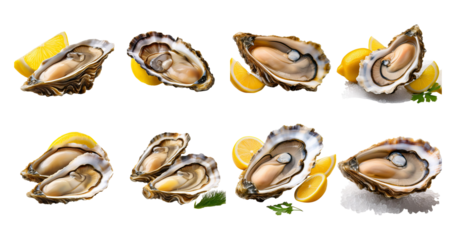 Fresh and Delicious Oysters on a Plate with Lemon Slices, Bundle Set Collection, Isolated on Transparent Background