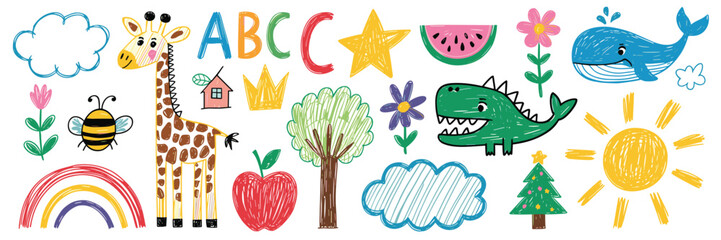 Collection of Cute Hand-Drawn Children's Illustrations with Animals and Objects vector