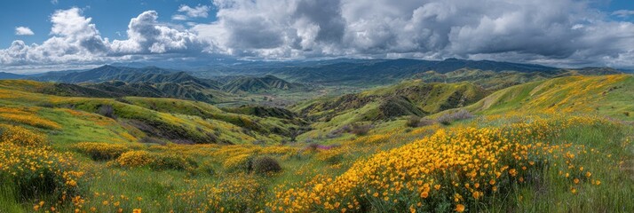 Panoramic view of rolling green hills covered in yellow wildflowers under a cloudy sky yellow flowers