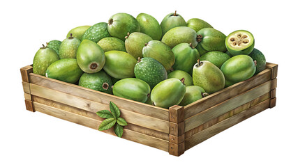 Pile of fresh green feijoas in rustic wooden crate, one fruit cut.
