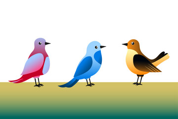 Three abstract birds in a color gradient vector illustration of birds sitting on a green canvas