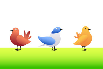 Abstract flat vector illustration in gradient colored birds standing on the green plane