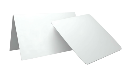 Two blank white cards. One is folded, the other resting near it. Clean lines with a shadow, minimal design