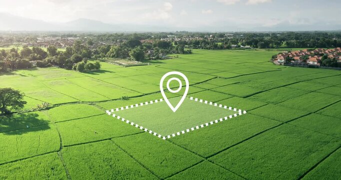 Land parcel with digital pin in aerial view, showcases plot of land for sale, its boundaries marked with precision, overlaid by digital pin indicating the exact location, representing property.