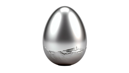 A 3D render of a metallic egg with a cracked lower section. The smooth upper portion reflects light