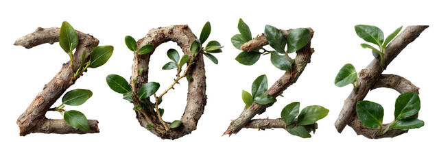 Happy New Year 2026 wooden branch with leaves illustration.