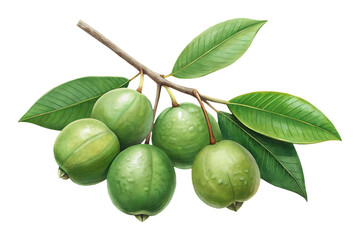 Green tropical fruits and leaves on a branch, isolated botanical artwork