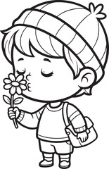 Obraz premium Adorable chibi character wearing a beanie and holding a flower to smell its fragrance, Generative Ai