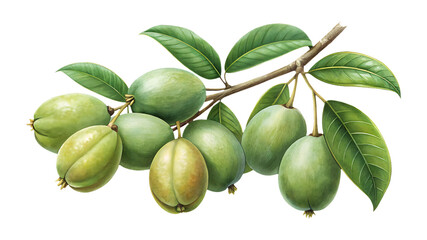 Fresh feijoa fruits and green leaves on a branch, food illustration