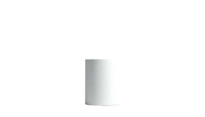 A stark studio shot of a white cylinder against a pitch-black background, emphasizing its simple shape and clean lines