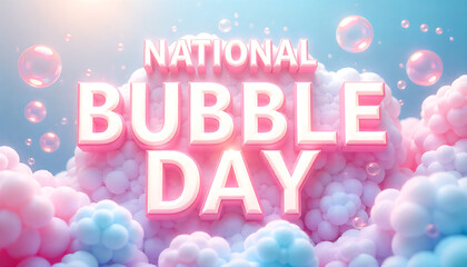  Dreamy National Bubble Day with pink clouds and floating bubbles in a pastel sky. 4K, HD