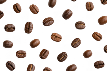 Numerous roasted coffee beans scattered across a dark background isolated on a transparent background