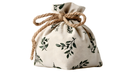 Linen bread bag printed with simple botanical design, tied with jute rope, zero-waste bakery storage isolated on Transparent background