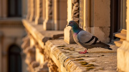 A solitary pigeon perched on a weathered stone ledge bathed in warm sunlight.