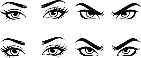 Collection of expressive female eyes showing various emotions, eyeliner makeup styles, dramatic lashes, bold eyebrows, beauty illustration, fashion vector design