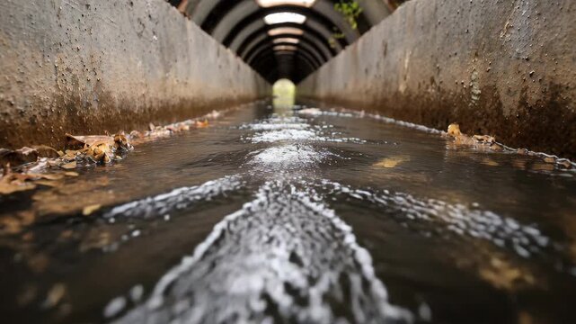 Low-angle, close-up view of fast-flowing water in a narrow concrete drainage channel with a tunnel structure.