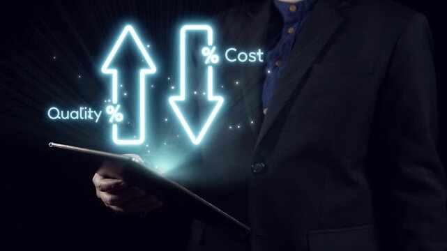 A businessman in a dark suit holds a tablet displaying glowing arrows representing quality and cost fluctuations, symbolizing financial analysis and strategic planning. Qubit