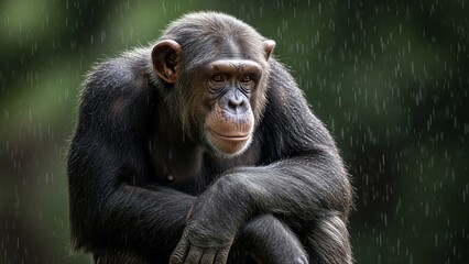 A thoughtful chimpanzee sits in the rain, looking pensive.