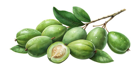 Fresh tropical ambarella fruits with green leaves and water droplets